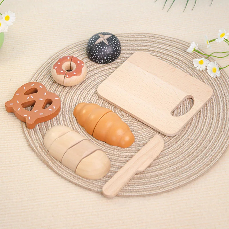 Kids Wooden Toy Set for Early Education, Role-Playing Tea Party Bread Dessert Cutting Fun, Ideal Christmas Gift for Children