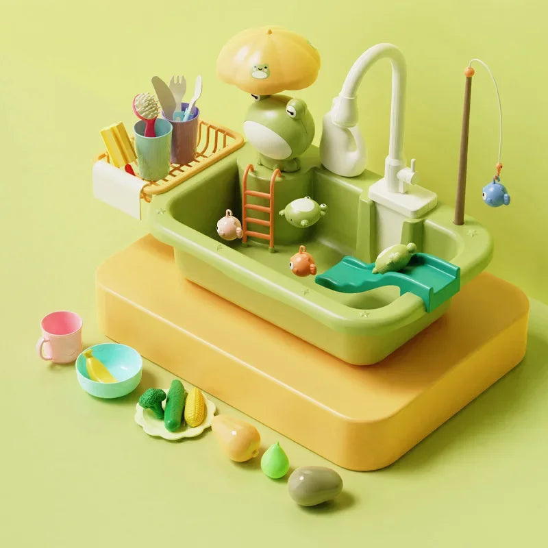 Electric Kitchen Sink Toys for Boys Girl Simulated Faucet Dishwasher Pretend Play Kitchen Set Food Vegetable Role Play Kid Gifts