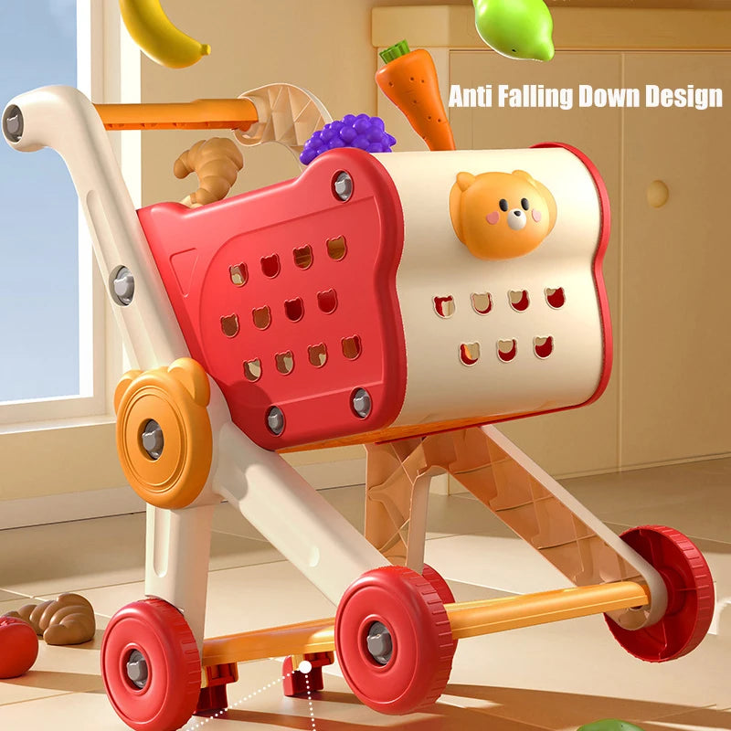 Kids Shopping Cart Trolley Play Toys Set With Pretend Food and Accessories Simulation Children Shopping Basket Boy Girls Toy