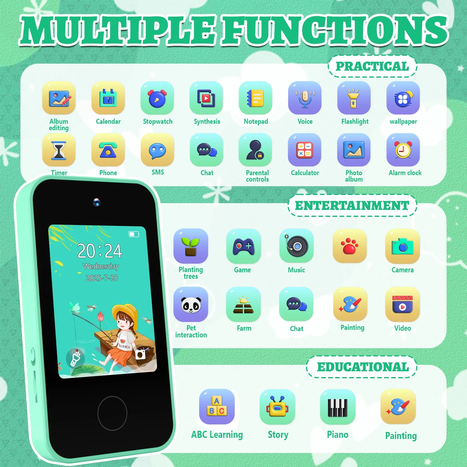 Kids Toy Phones with Dual Camera, Learning Toys Phones Gifts for Kid 4+, Educational Puzzle Games, 2.8" Touchscreen screen，gift
