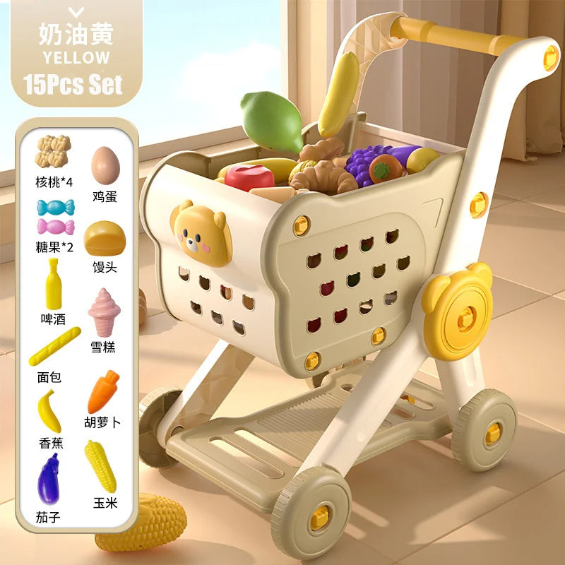 Kids Shopping Cart Trolley Play Toys Set With Pretend Food and Accessories Simulation Children Shopping Basket Boy Girls Toy