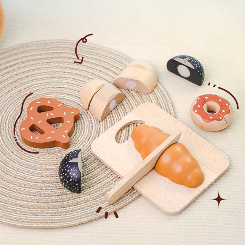 Kids Wooden Toy Set for Early Education, Role-Playing Tea Party Bread Dessert Cutting Fun, Ideal Christmas Gift for Children