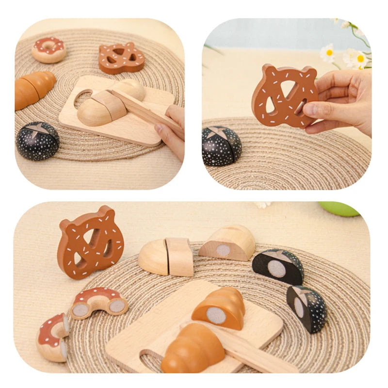 Kids Wooden Toy Set for Early Education, Role-Playing Tea Party Bread Dessert Cutting Fun, Ideal Christmas Gift for Children