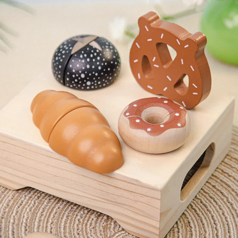Kids Wooden Toy Set for Early Education, Role-Playing Tea Party Bread Dessert Cutting Fun, Ideal Christmas Gift for Children