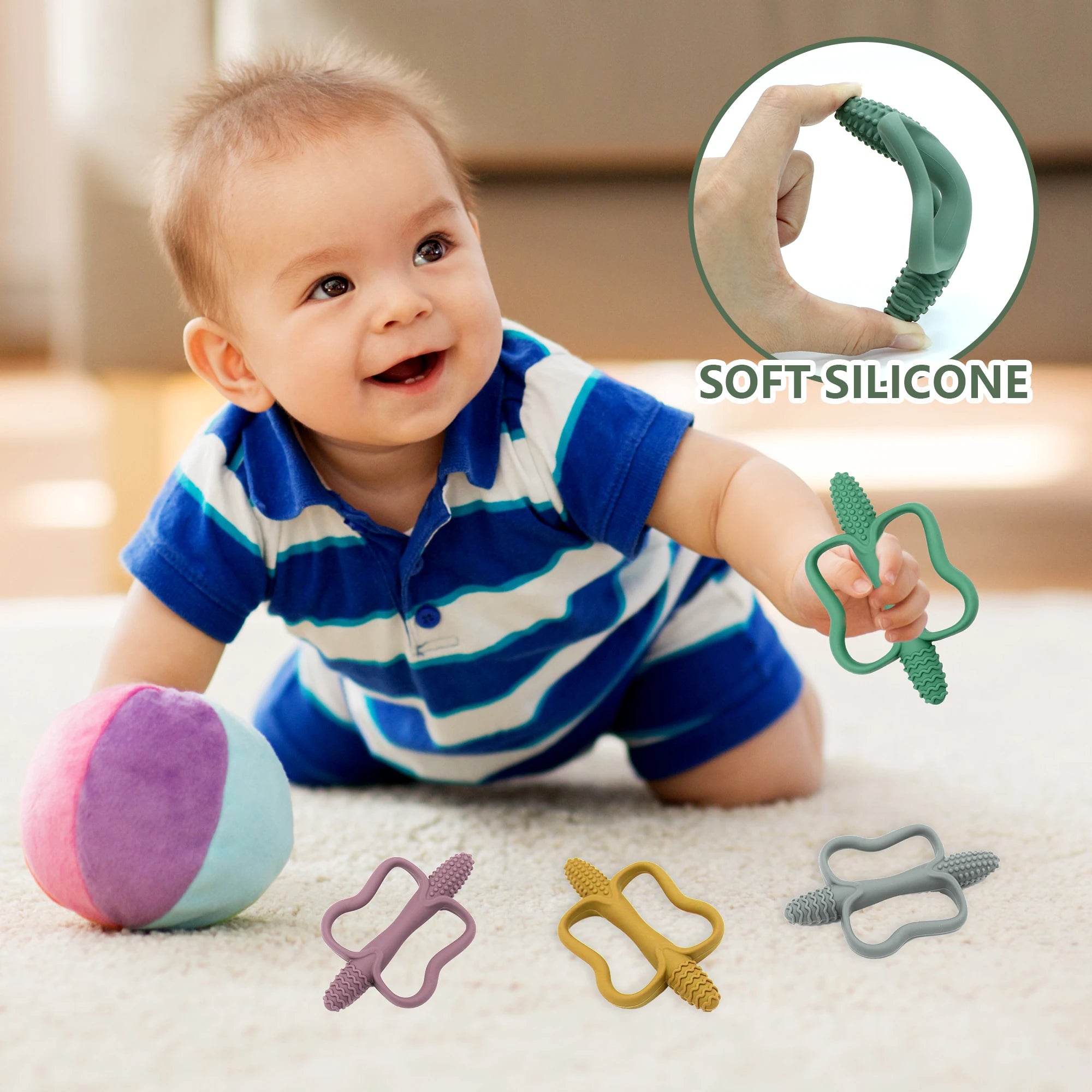 Baby teething toys with easy-grip handles, food-grade silicone teething toys, suitable for babies 0-6 months, 6-12 months