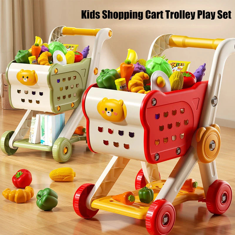 Kids Shopping Cart Trolley Play Toys Set With Pretend Food and Accessories Simulation Children Shopping Basket Boy Girls Toy