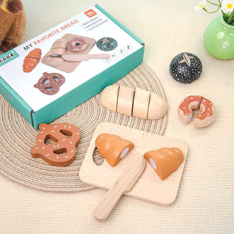Kids Wooden Toy Set for Early Education, Role-Playing Tea Party Bread Dessert Cutting Fun, Ideal Christmas Gift for Children