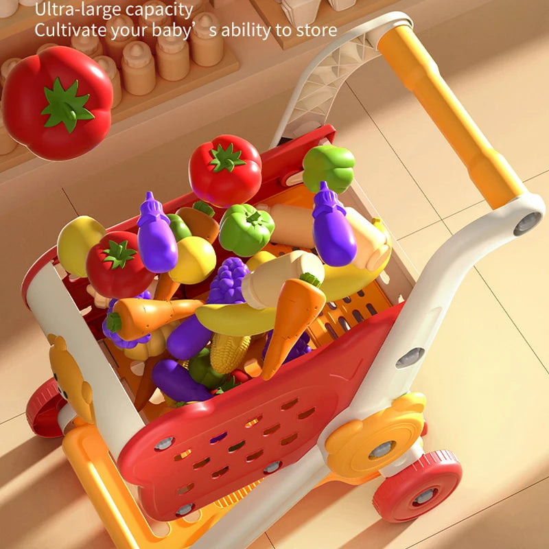 Kids Shopping Cart Trolley Play Toys Set With Pretend Food and Accessories Simulation Children Shopping Basket Boy Girls Toy