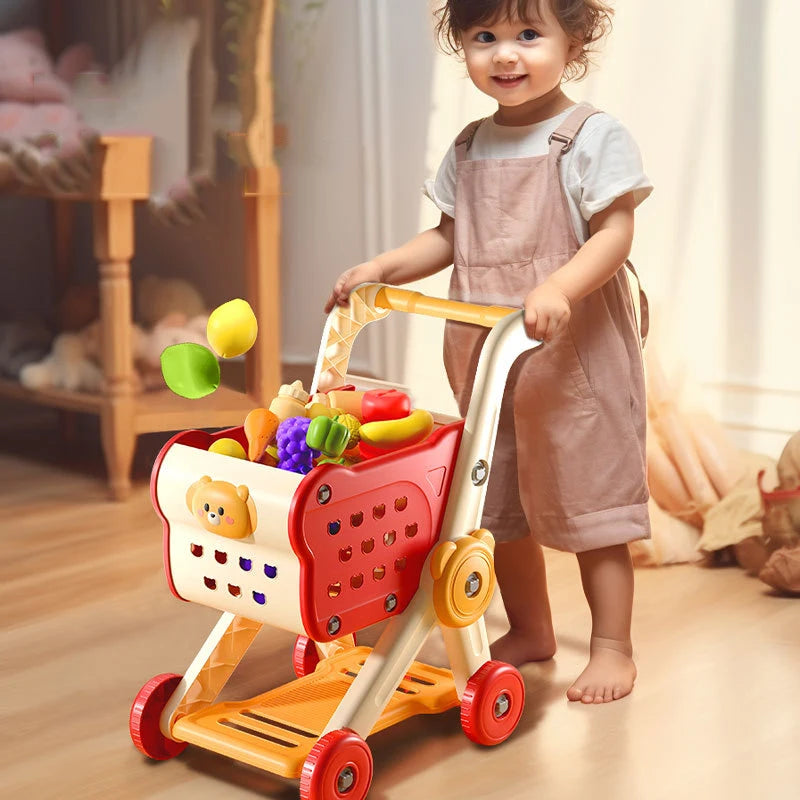 Kids Shopping Cart Trolley Play Toys Set With Pretend Food and Accessories Simulation Children Shopping Basket Boy Girls Toy